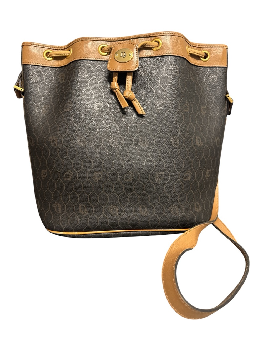 DIOR Honeycomb Monogram PVC Bucket Shoulder Crossbody Bag Brown Tan w/ Pouch - Picture 3 of 17